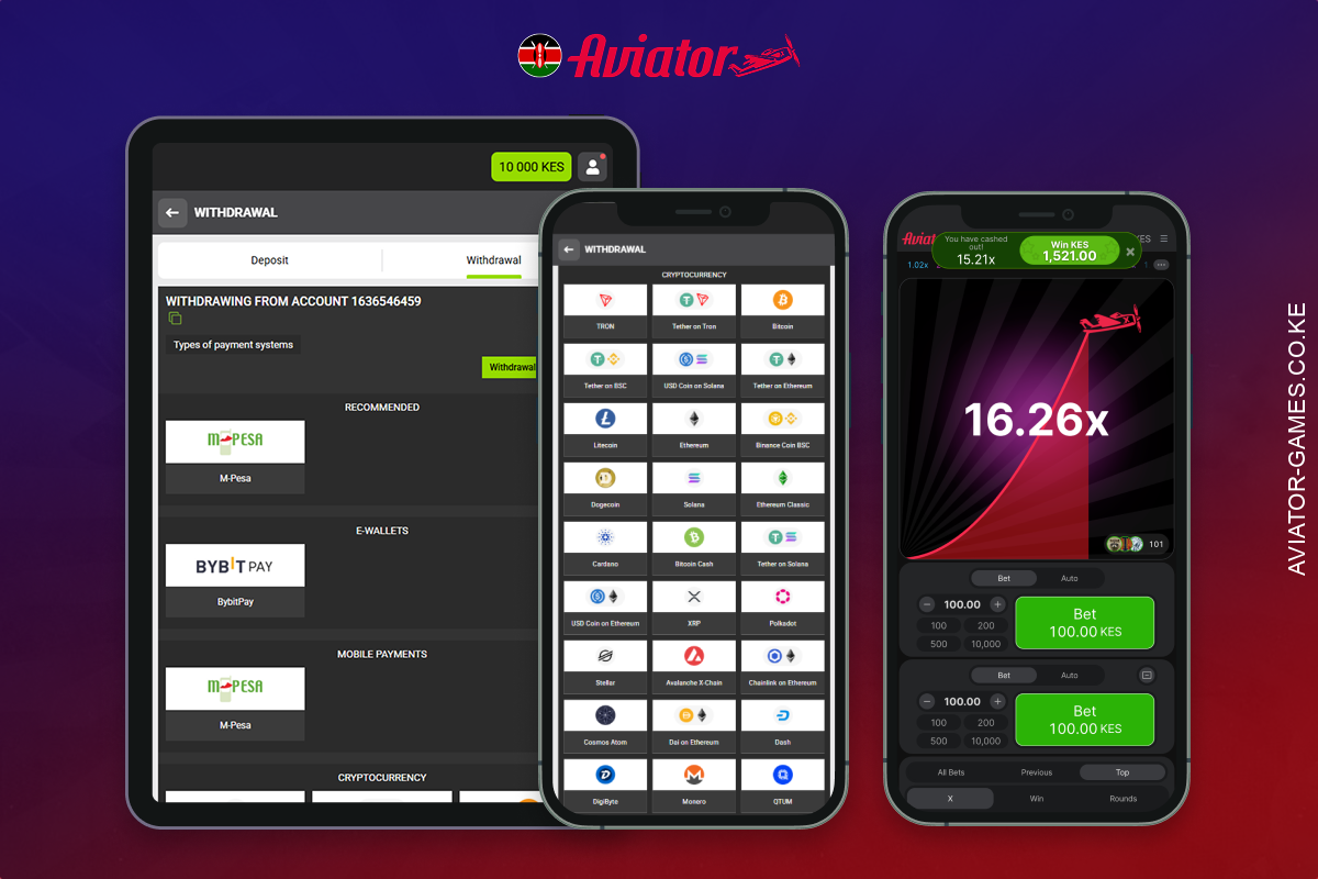 A variety of withdrawal methods are available to players from Kenya for the crash game Aviator